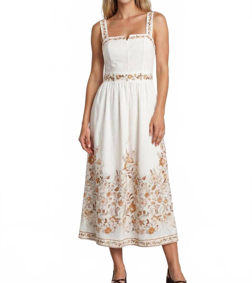 NEW MOON RIVER sleeveless floral detail split neck midi dress in cream multi